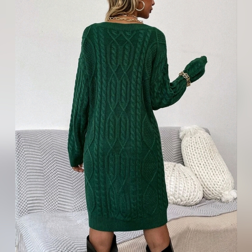 NEW Cable Knit Long Sleeve Sweater Dress Deep Green - Picture 6 of 9